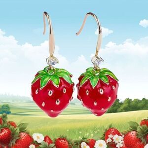 3D red enamel strawberry flower earrings rhinestone